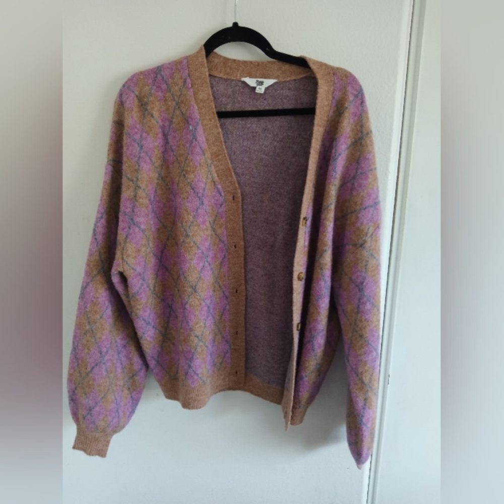 Women's Argyle Cardigan Sweater - Purple and Brown